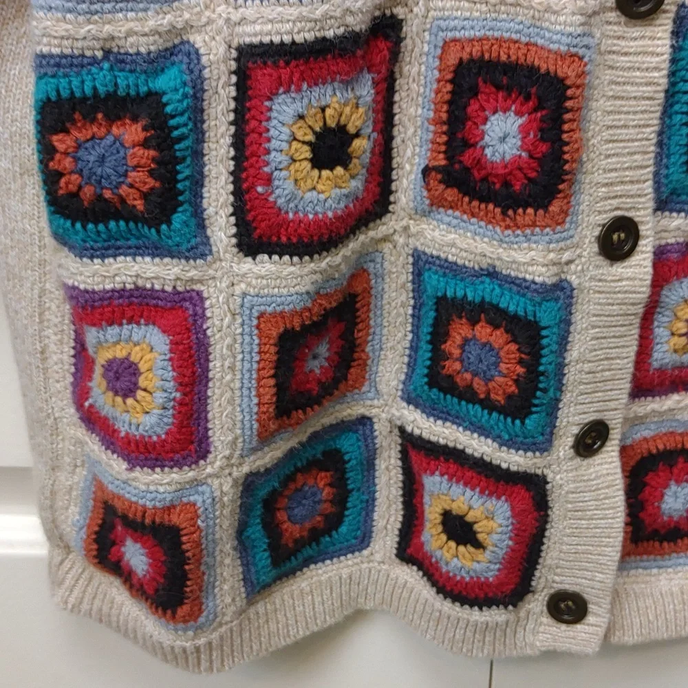 Alfred Dunner Vintage Crochet Granny Square Beige Ramie Cotton Knit Cardigan PXL - Picture 8 of 16